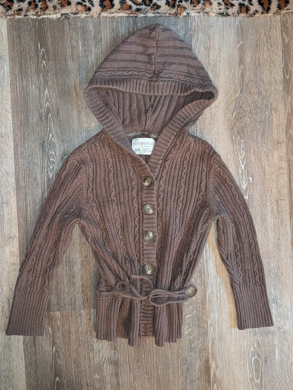 Vintage Aeropostale Brown Hooded Cable Knit Button-Front Cardigan